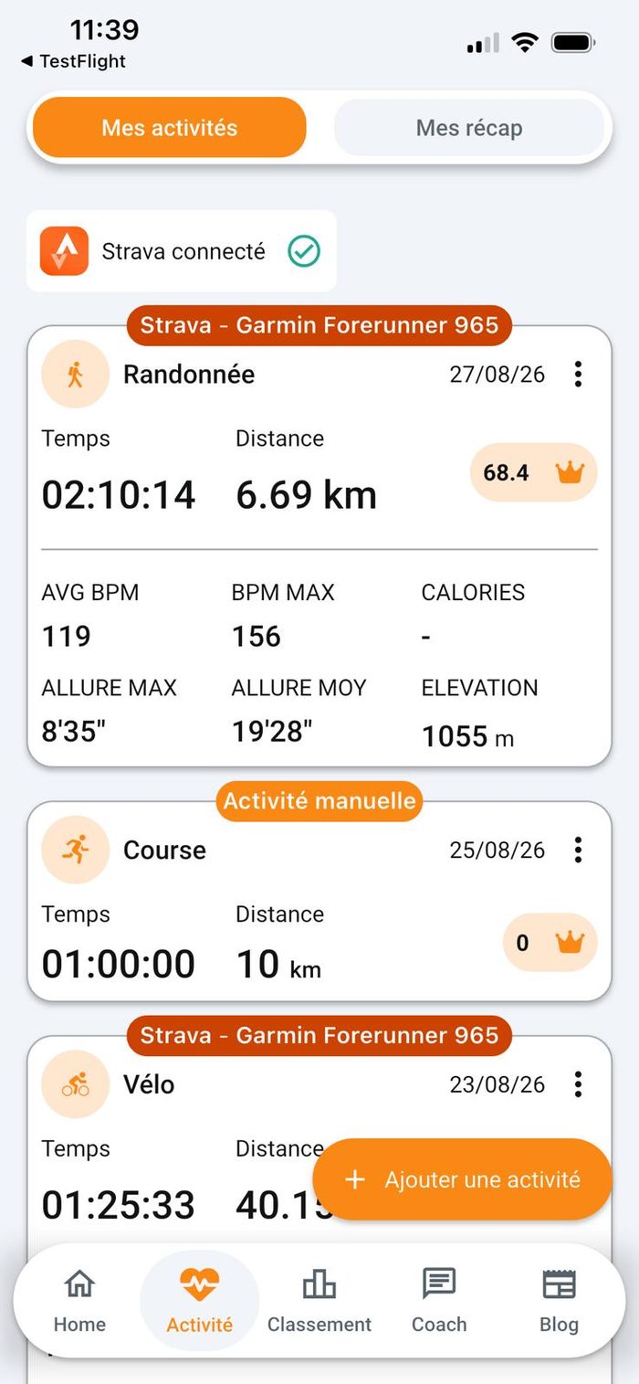 Liste des activités dans l'application CoAct