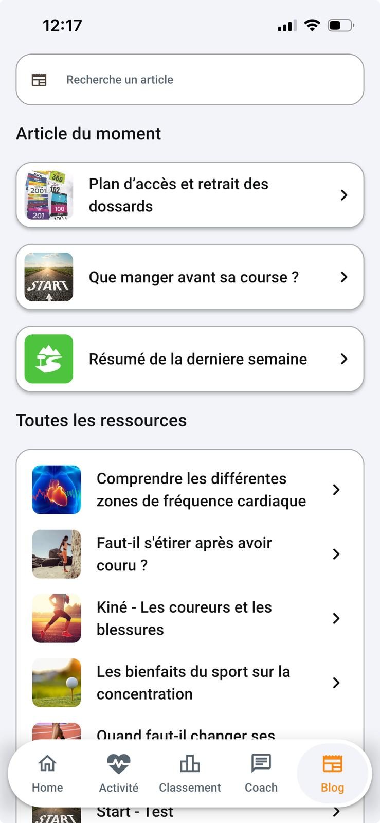 Page Blog de l'application MTP Running