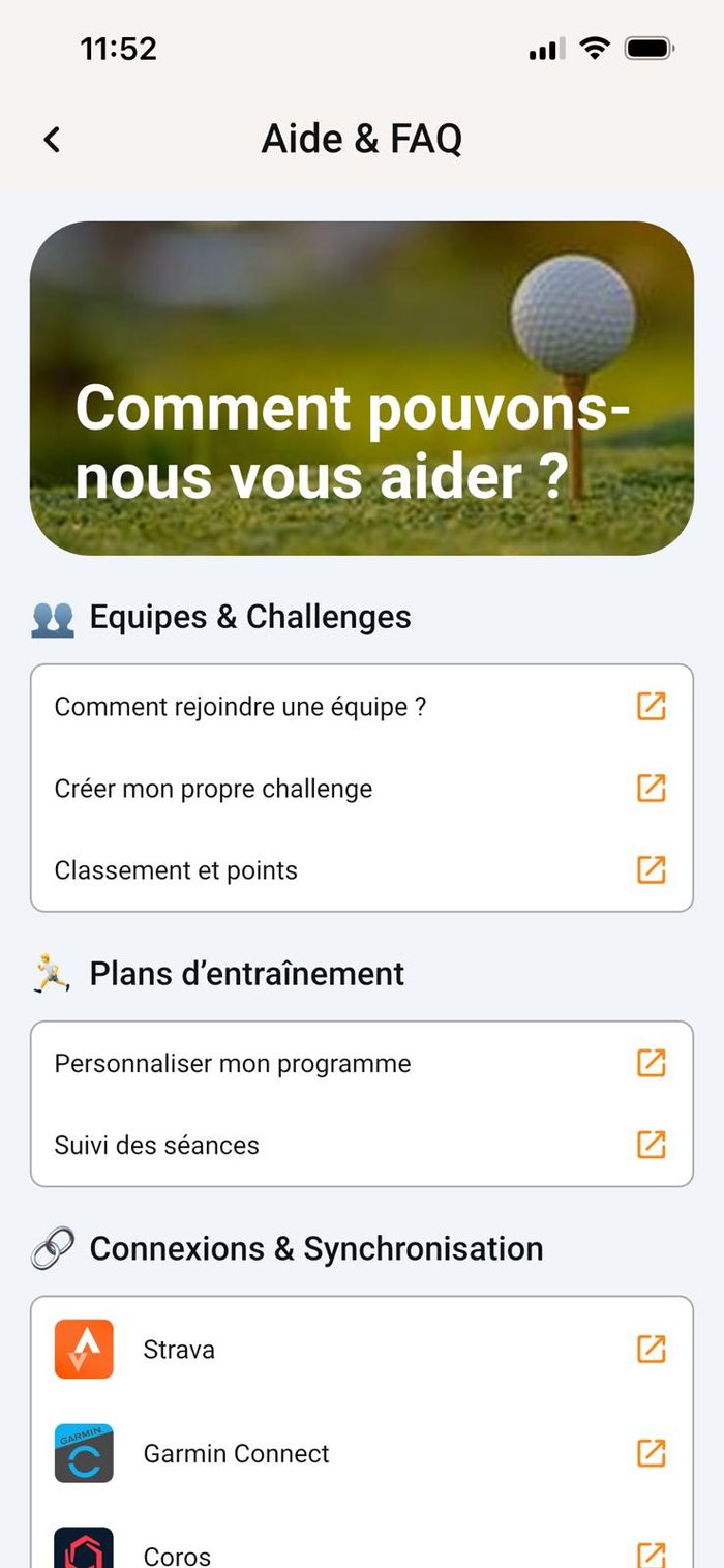 Page Aide et FAQ de l'application CoAct