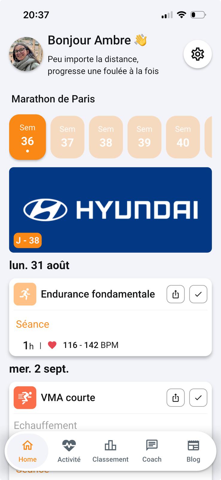 Aperçu de l'application MTP Running — plan d'entraînement