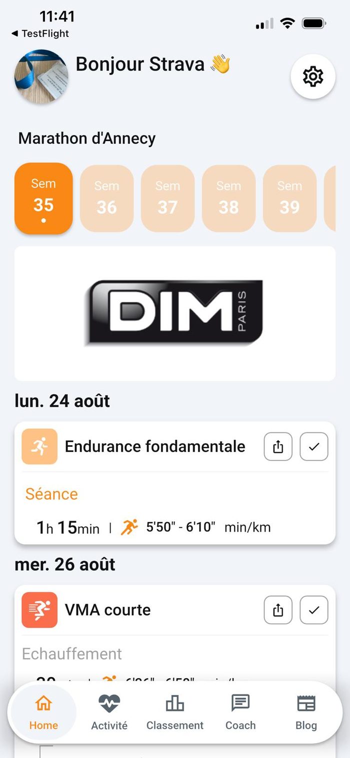 Page Plan d'entraînement de l'application CoAct