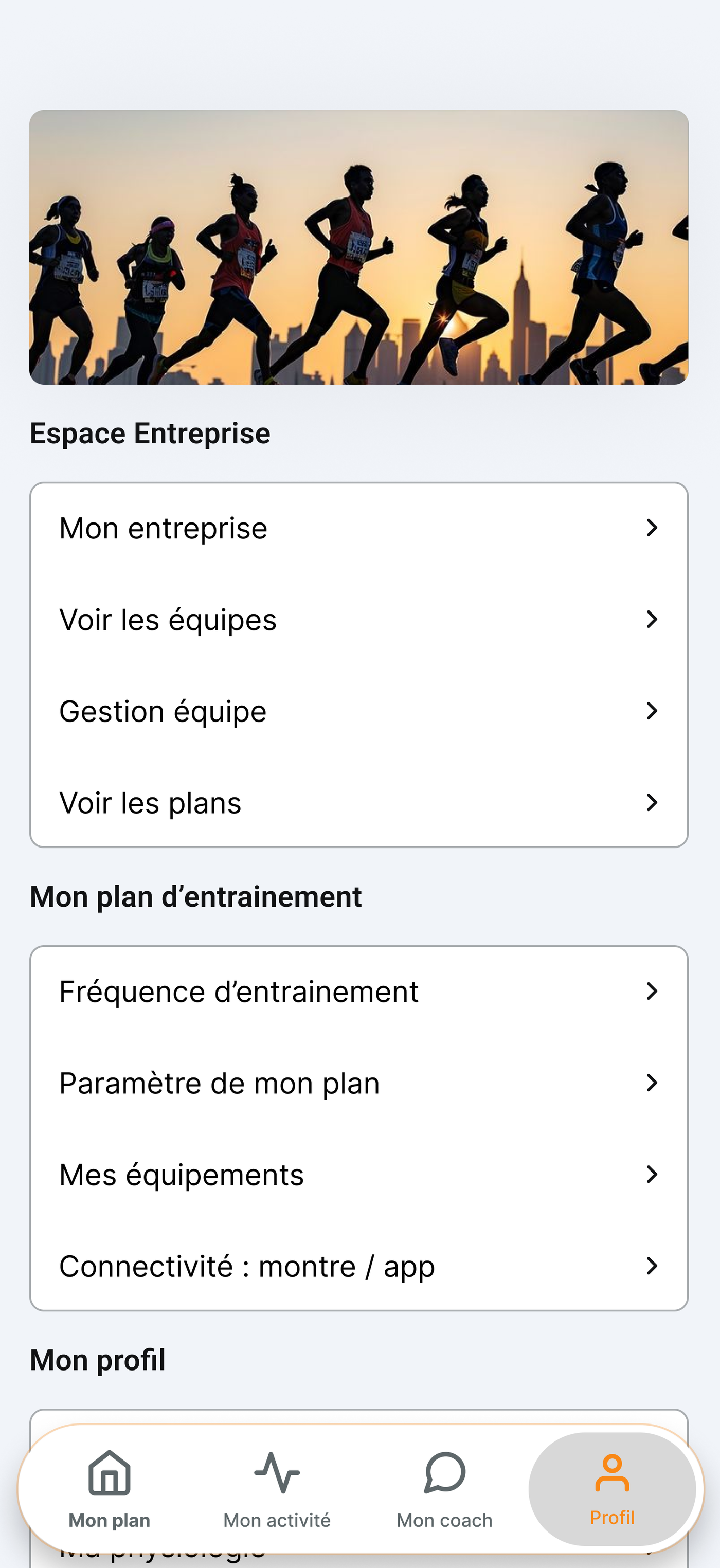 Page Profil de l'application MTP Running
