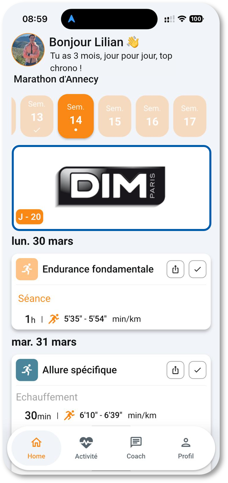 Aperçu de l'application CoAct — plan d'entraînement